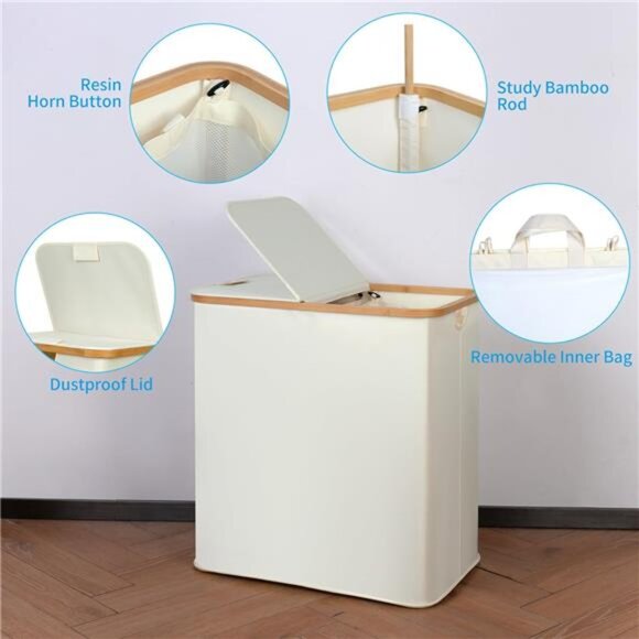 Laundry Hamper with Lid, Double Laundry Hamper with 2 Removable Bags, 2 Section - Picture 5 of 7